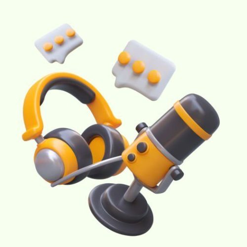 Online broadcast. Podcast, communication. Horizontal poster with floating vector 3D elements. Realistic headphones, microphone, messenger icons. Informative, entertaining audio program